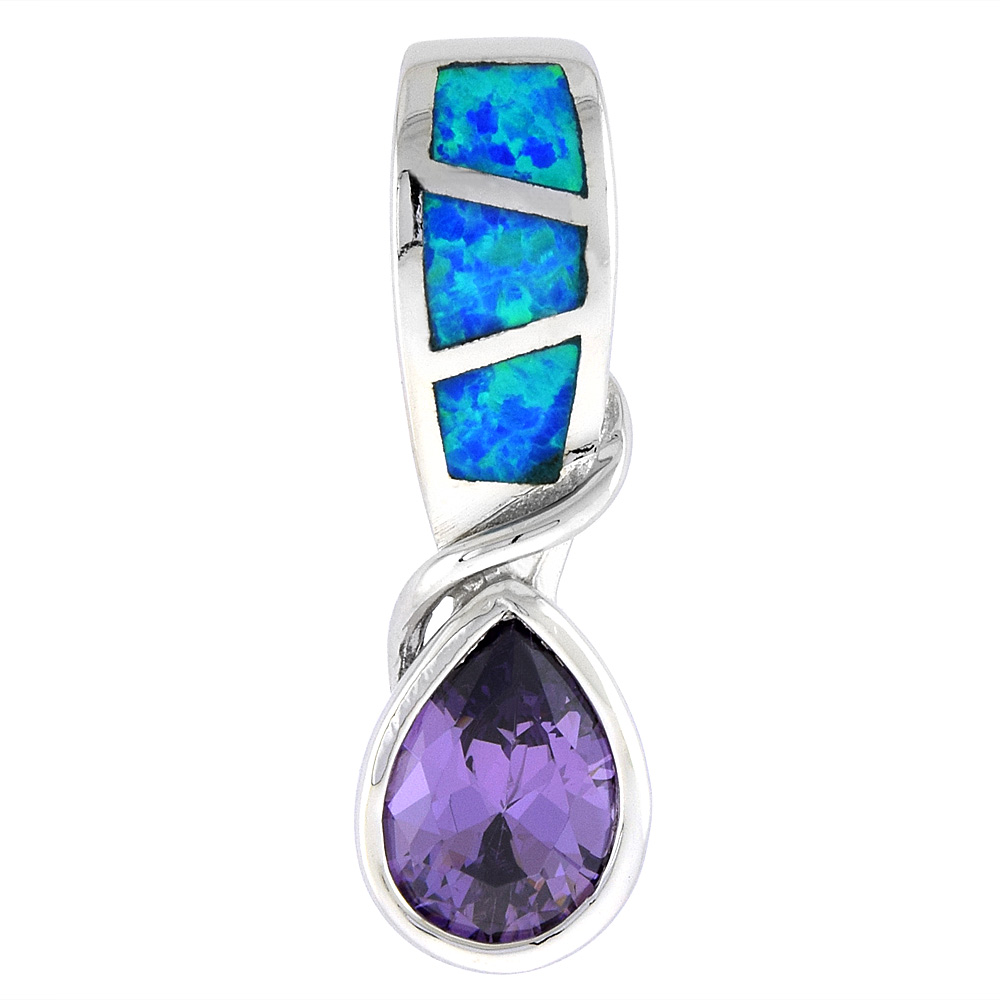 Sterling Silver Synthetic Opal Teardrop Pendant for Women Hand Inlay Amethyst CZ 11x9 mm 1 inch