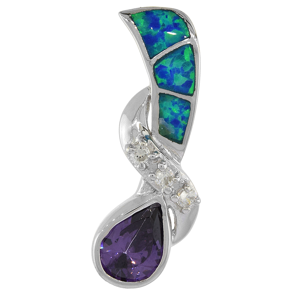 Sterling Silver Synthetic Opal Teardrop Pendant for Women Hand Inlay Amethyst CZ 9x7 mm 3/4 inch