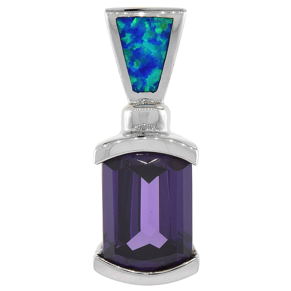STERLING SILVER SYNTHETIC OPAL SLIDE PENDANT FOR WOMEN AMETHYST CZ 8X13MM HAND INLAY 7/8 INCH