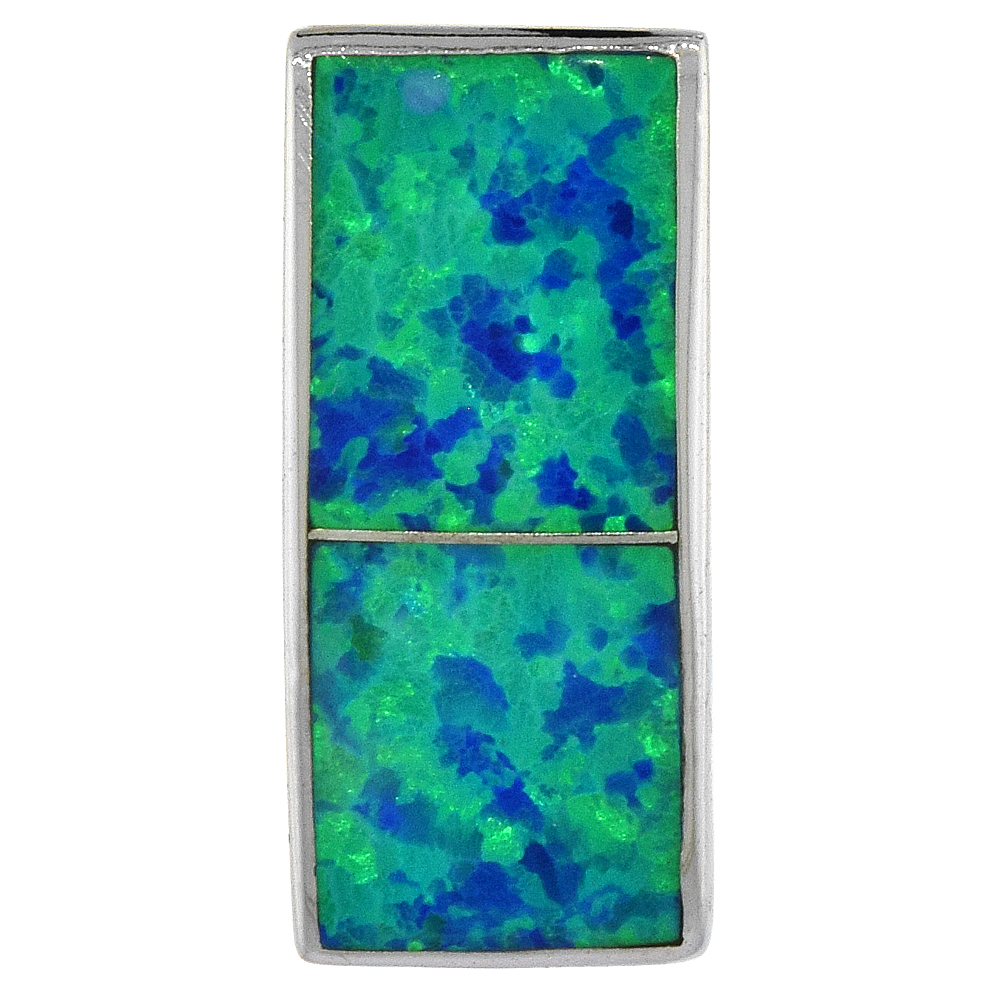STERLING SILVER SYNTHETIC OPAL RECTANGULAR PENDANT FOR WOMEN HAND INLAY 3/4 INCH X 5/16 INCH (19 X 8 MM)