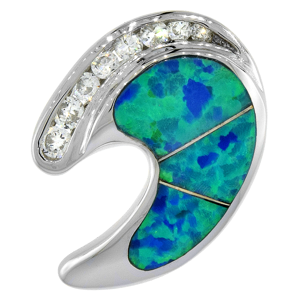 STERLING SILVER SYNTHETIC OPAL C SHAPE PENDANT FOR WOMEN HAND INLAY CUBIC ZIRCONIA ACCENT 11/16 INCH WIDE