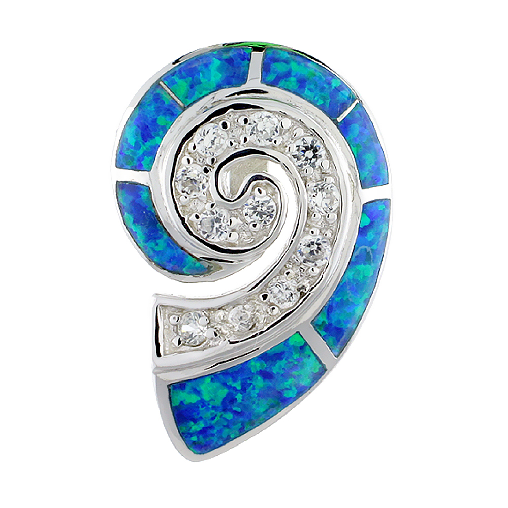 STERLING SILVER SYNTHETIC OPAL NAUTILUS SHELL PENDANT FOR WOMEN CZ ACCENT 1 INCH HIGH