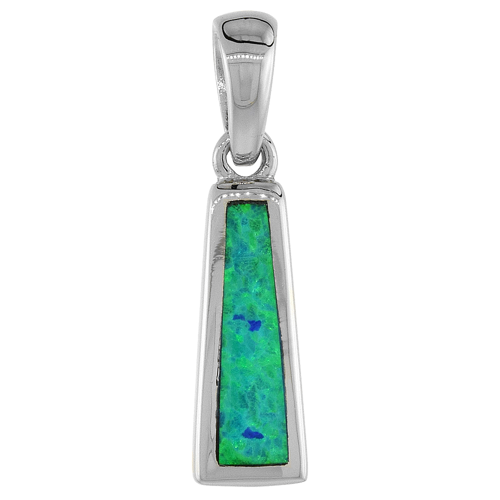 STERLING SILVER SYNTHETIC OPAL TRAPEZOID PENDANT FOR WOMEN HAND INLAY 5/8 INCH TALL