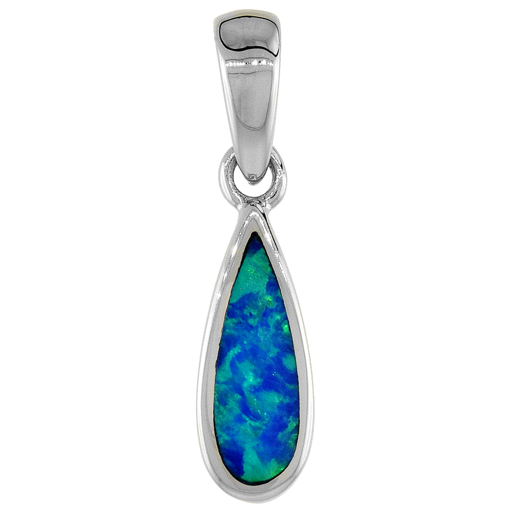 STERLING SILVER SYNTHETIC OPAL TEARDROP PENDANT FOR WOMEN HAND INLAY 5/8 INCH TALL