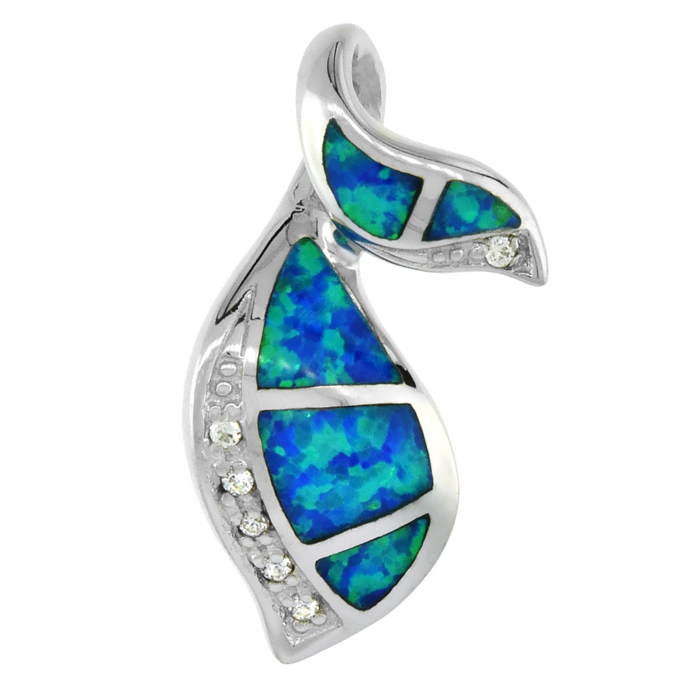 STERLING SILVER SYNTHETIC OPAL LEAF PENDANT FOR WOMEN HAND INLAY & CZ STONES 7/8 INCH TALL