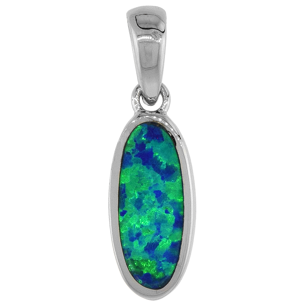 STERLING SILVER SYNTHETIC OPAL OVAL SHAPE PENDANT FOR WOMEN HAND INLAY 5/8 INCH TALL