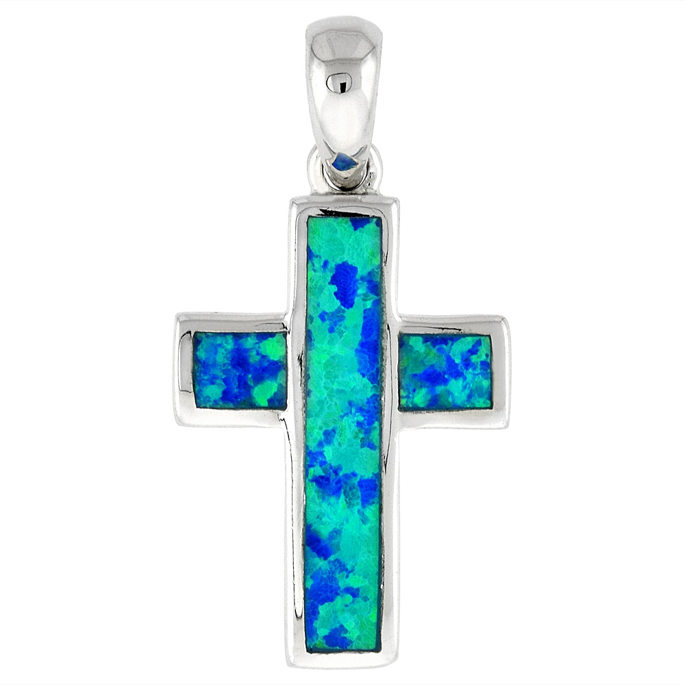 STERLING SILVER SYNTHETIC OPAL CROSS PENDANT FOR WOMEN HAND INLAY 3/4 INCH