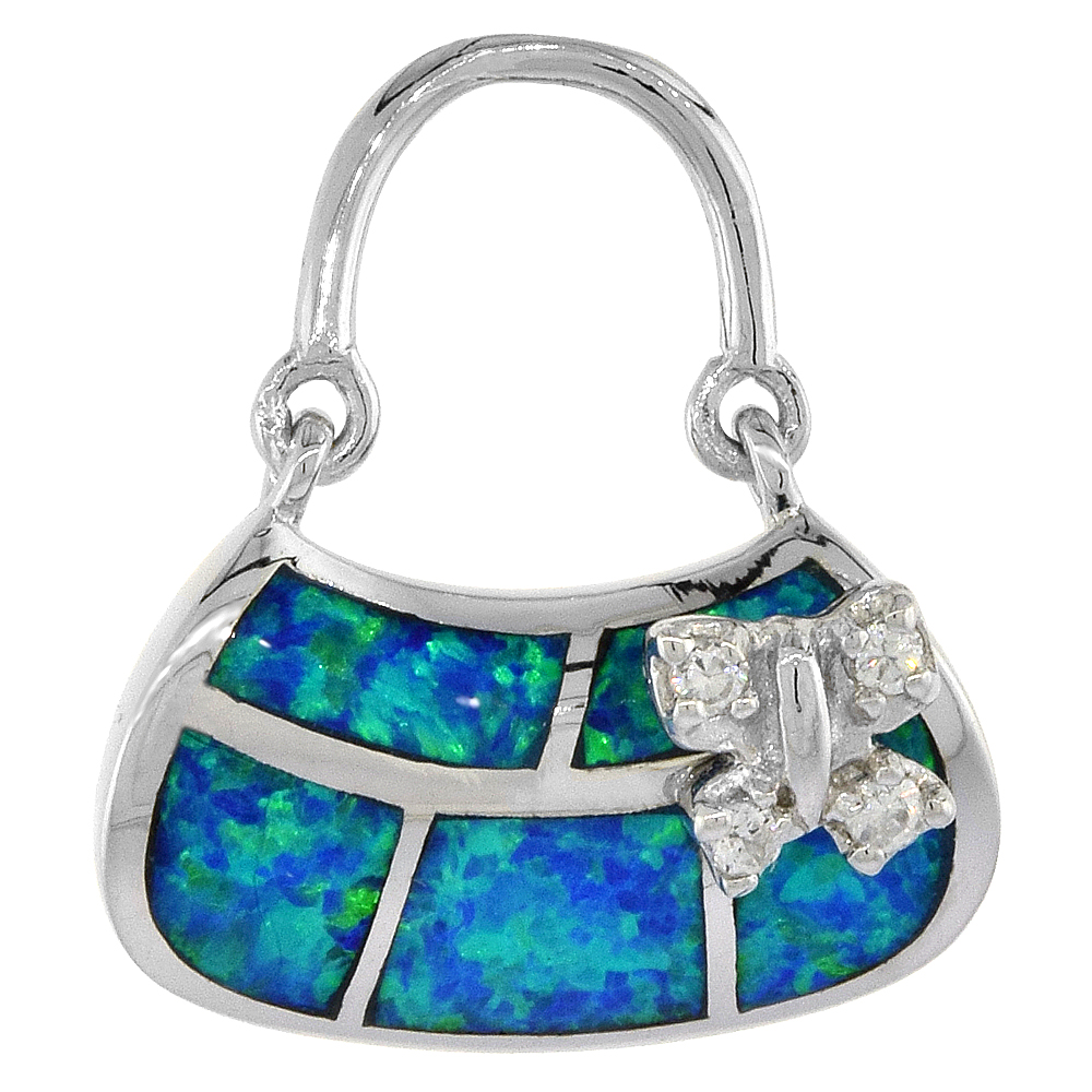 STERLING SILVER SYNTHETIC OPAL PURSE PENDANT FOR WOMEN HAND INLAY CUBIC ZIRCONIA ACCENT 11/16 INCH TALL