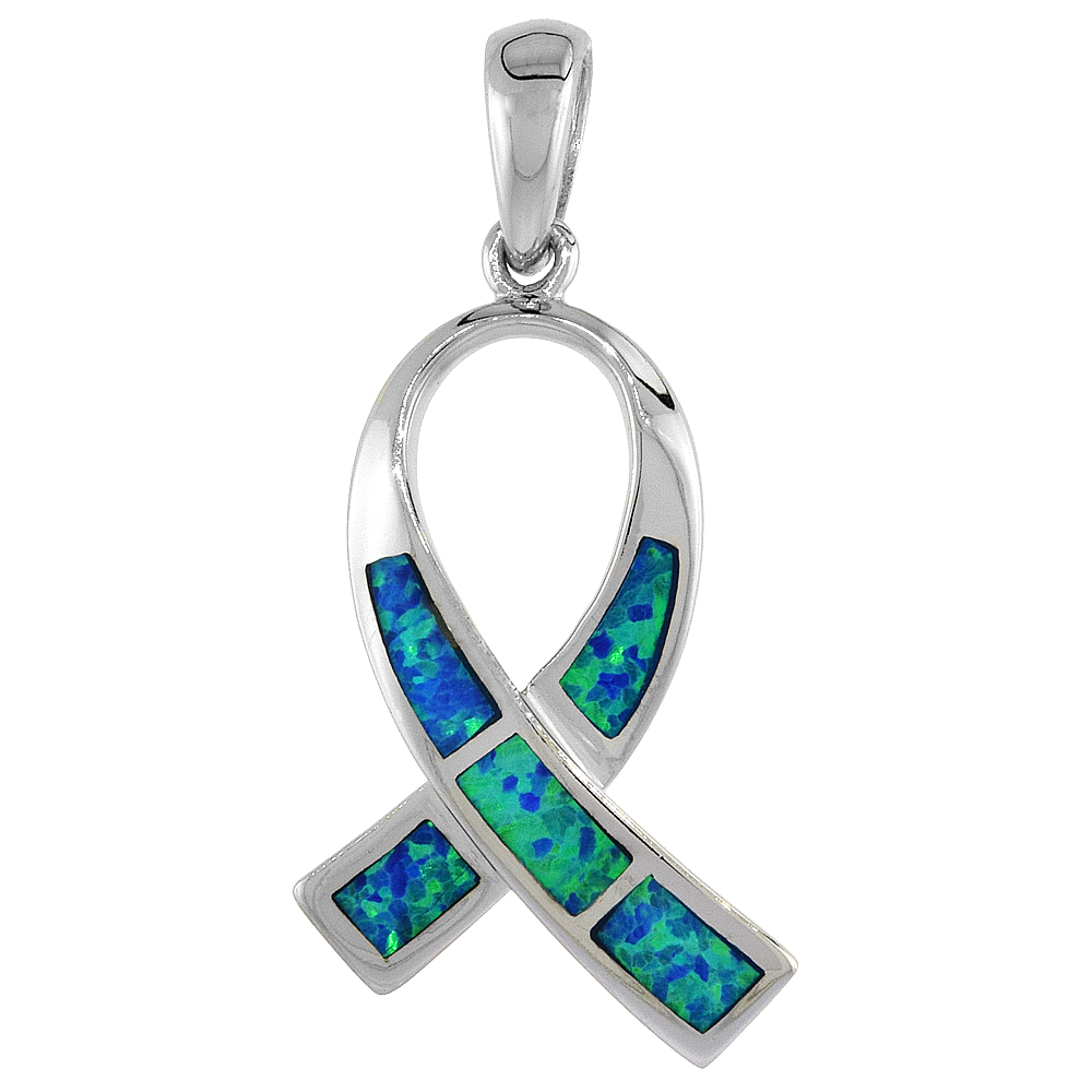 STERLING SILVER SYNTHETIC OPAL RIBBON PENDANT FOR WOMEN HAND INLAY 7/8 INCH TALL