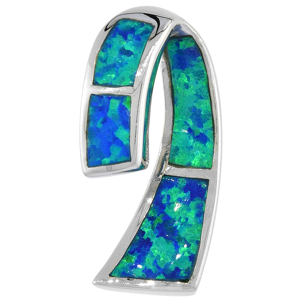 STERLING SILVER SYNTHETIC OPAL RIBBON PENDANT FOR WOMEN HAND INLAY 7/8 INCH TALL