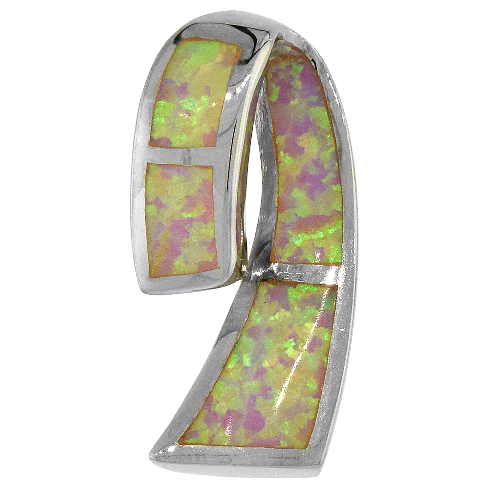 STERLING SILVER SYNTHETIC PINK OPAL BREAST CANCER AWARENESS RIBBON PENDANT HAND INLAY 7/8 INCH TALL