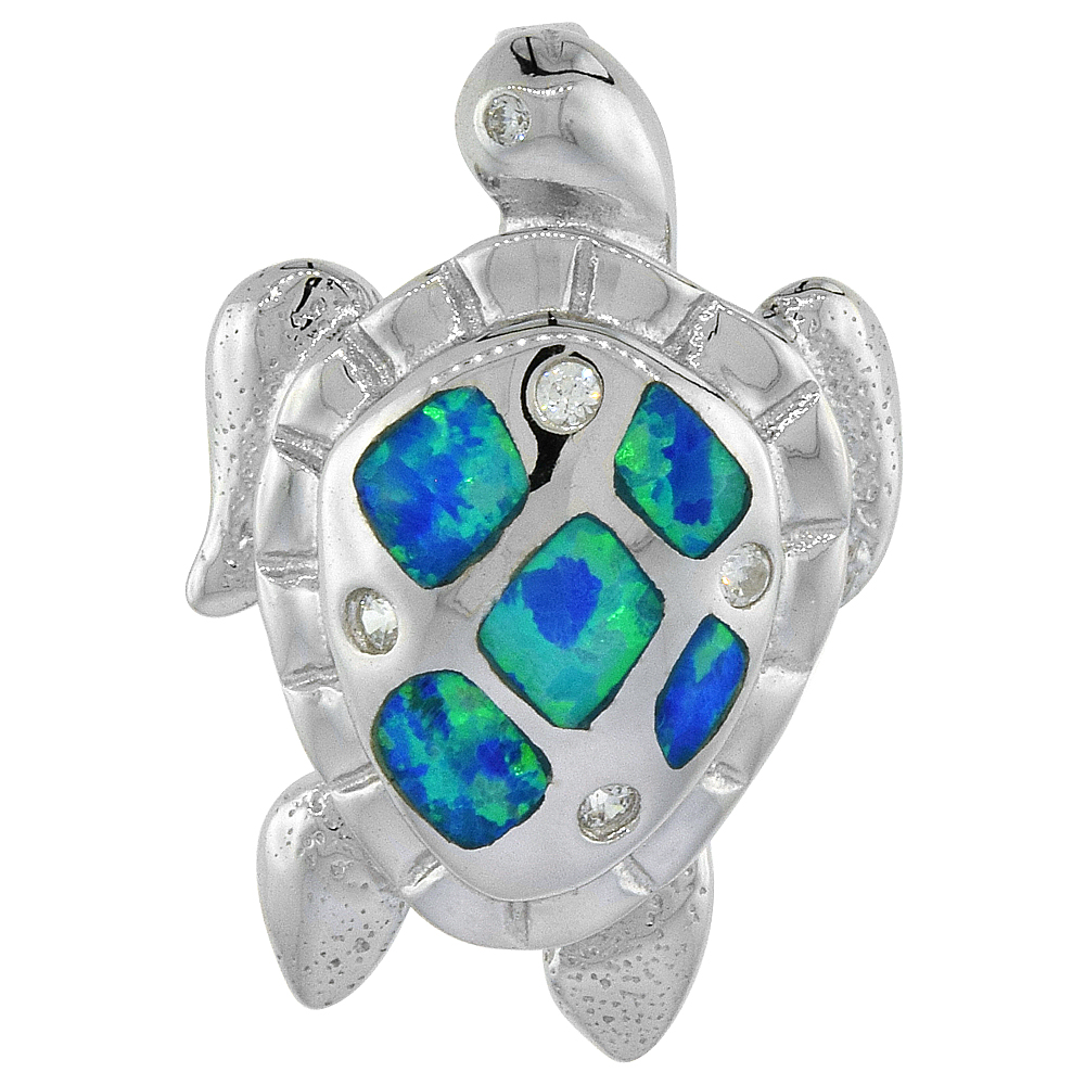 Sterling Silver Synthetic Opal Sea Turtle Necklace Cubic Zirconia Accent 1 inch Rope Chain