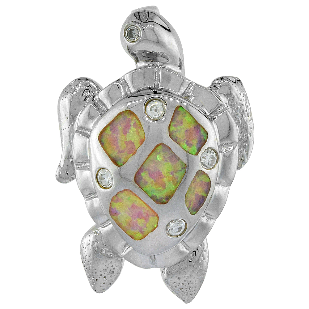 Sterling Silver Synthetic Pink Opal Sea Turtle Necklace Cubic Zirconia Accent 1 inch Rope Chain