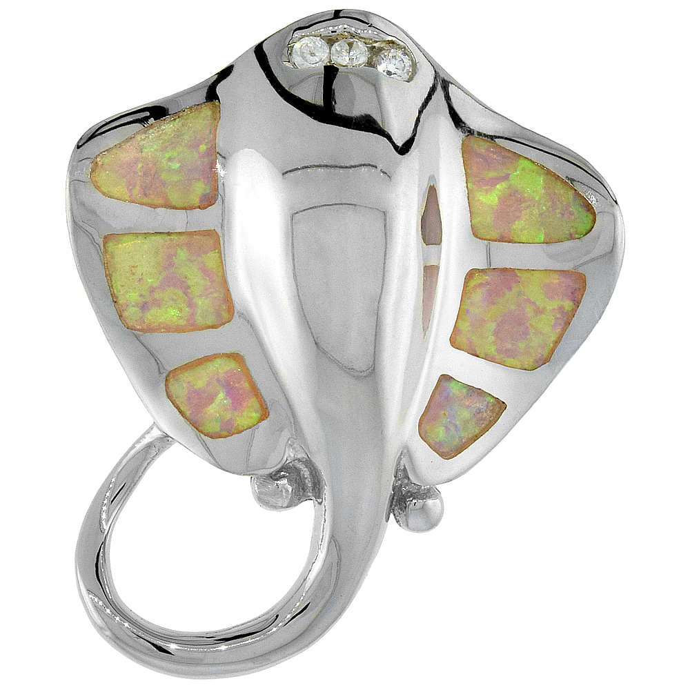 STERLING SILVER SYNTHETIC PINK OPAL STINGRAY PENDANT HAND INLAY CUBIC ZIRCONIA ACCENT 1 1/8 INCH TALL