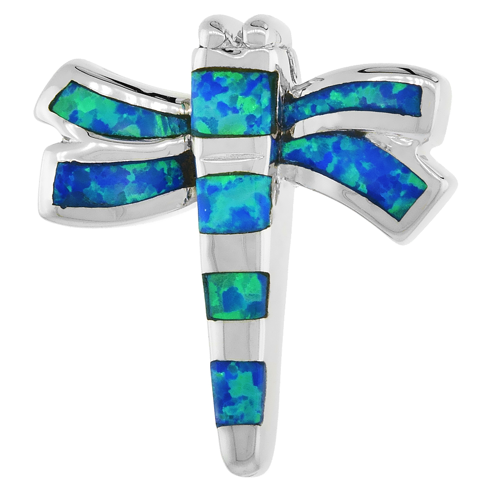 Sterling Silver Synthetic Opal Dragonfly Necklace for Women Hand Inlay 1 inch Rope Chain