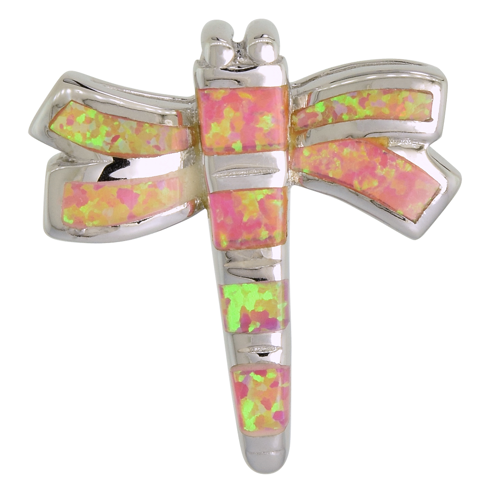Sterling Silver Synthetic Pink Opal Dragonfly Necklace for Women Hand Inlay 1 inch Rope Chain