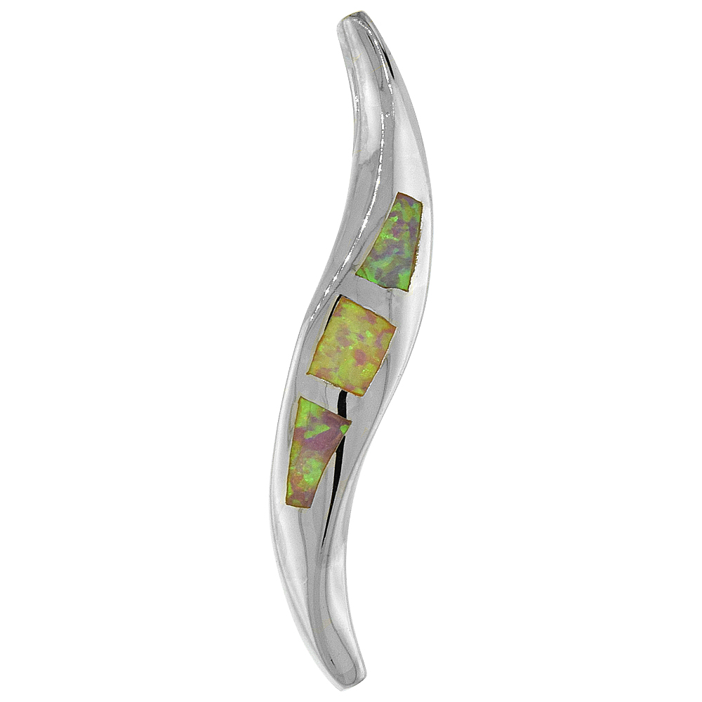 STERLING SILVER SYNTHETIC PINK OPAL CURVY STICK PENDANT FOR WOMEN HAND INLAY 1 INCH TALL