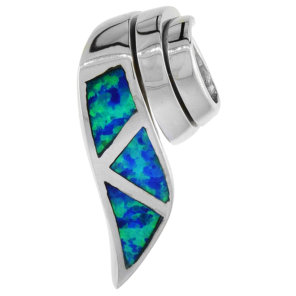 STERLING SILVER SYNTHETIC OPAL RIBBON SLIDE PENDANT FOR WOMEN HAND INLAY 3/4 INCH