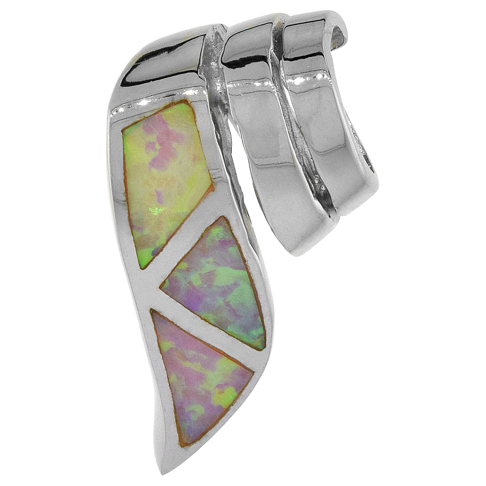 Sterling Silver Synthetic Pink Opal Ribbon Slide Necklace for Women Hand Inlay 3/4 inch Rope Chain