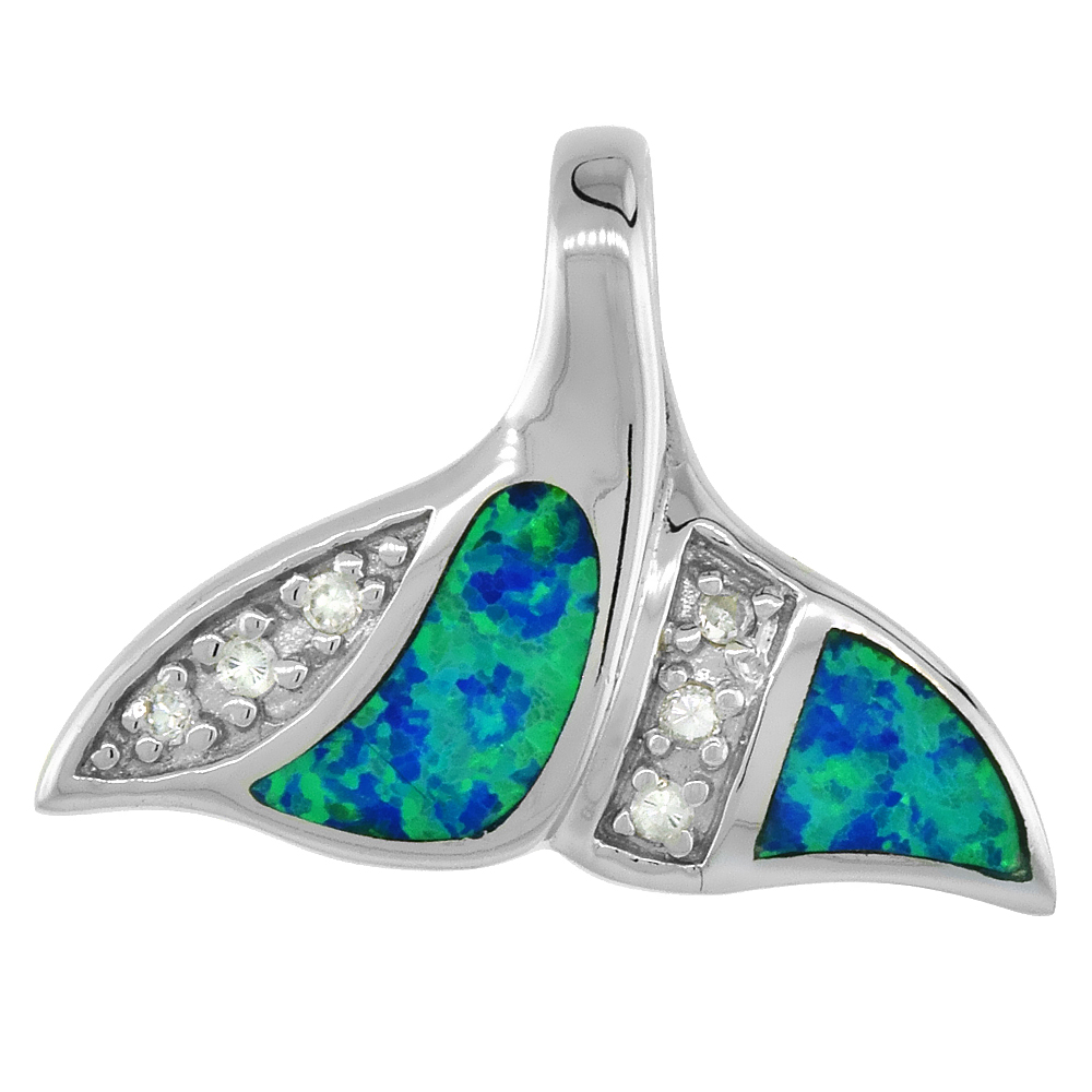 STERLING SILVER SYNTHETIC OPAL WHALE TAIL PENDANT FOR WOMEN HAND INLAY & CZ STONES 1 INCH WIDE