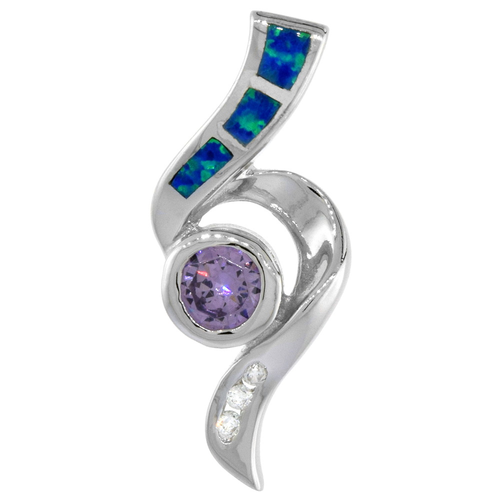 STERLING SILVER SYNTHETIC OPAL PENDANT FOR WOMEN HAND INLAY AMETHYST CZ CUBIC ZIRCONIA ACCENT 1 1/8 INCH