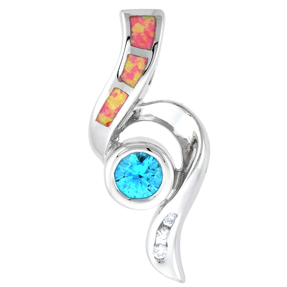 STERLING SILVER SYNTHETIC PINK OPAL PENDANT AMETHYST CZ HAND INLAY CUBIC ZIRCONIA ACCENT 1 1/8 INCH