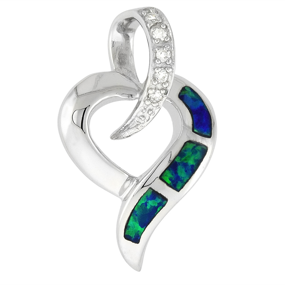 Sterling Silver Synthetic Opal Open Heart Necklace for Women Cubic Zirconia Accent 1 inch Rope Chain