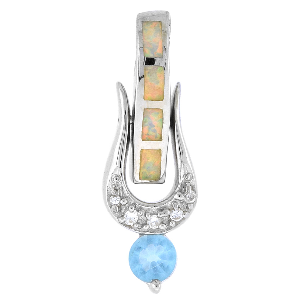 Sterling Silver Synthetic Opal Horseshoe Pendant for Women Hand Inlay Amethyst CZ 5 mm Center 1 inch