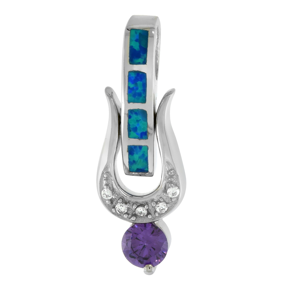 STERLING SILVER SYNTHETIC OPAL HORSESHOE PENDANT FOR WOMEN HAND INLAY AMETHYST CZ 5 MM CENTER 1 INCH