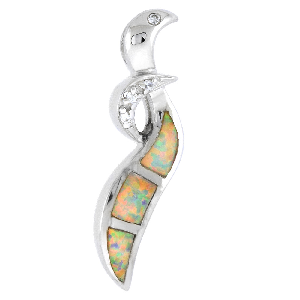 STERLING SILVER SYNTHETIC OPAL STICK PENDANT FOR WOMEN HAND INLAY CUBIC ZIRCONIA ACCENT 1 1//8 INCH TALL