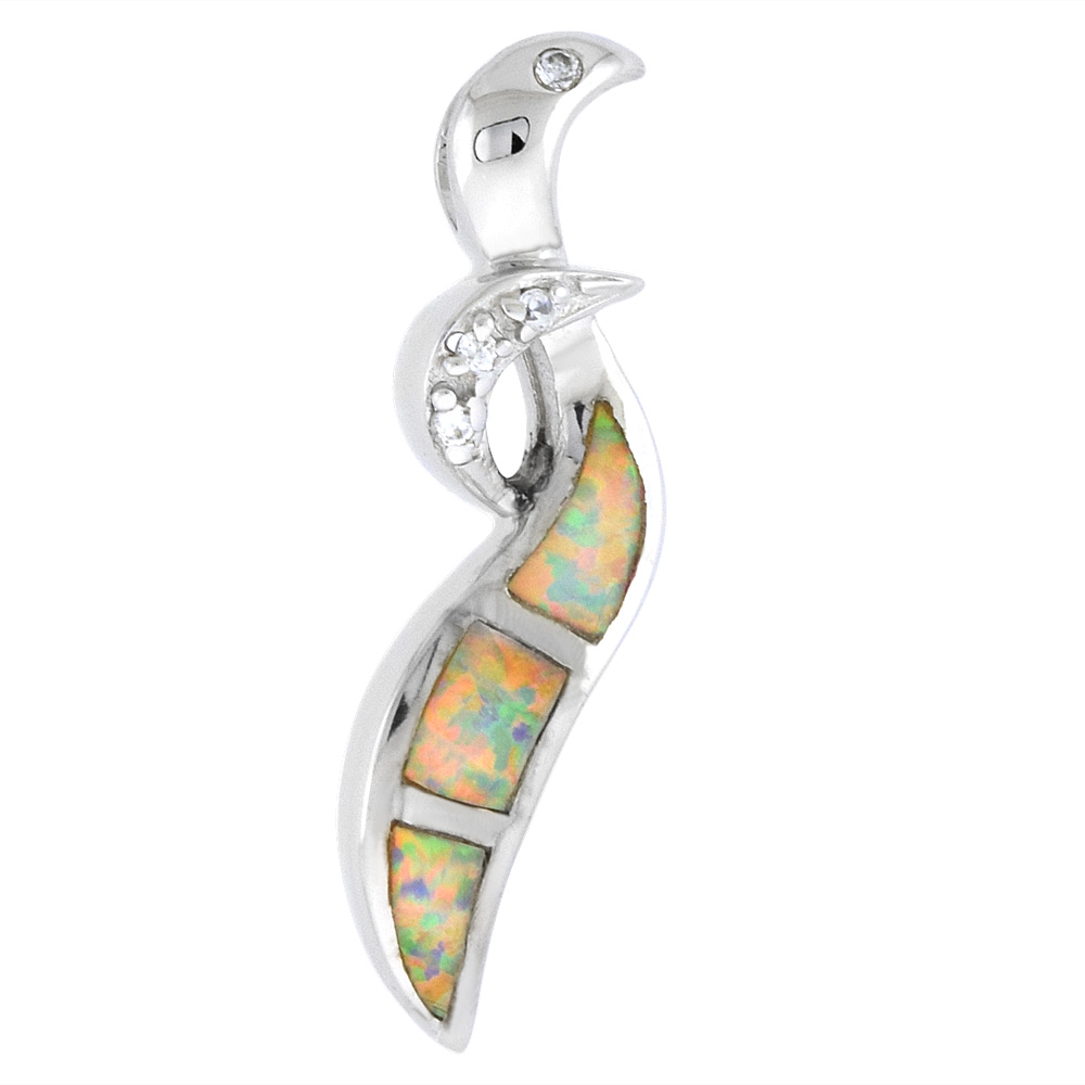 Sterling Silver Synthetic Opal Stick Pendant for Women Hand Inlay Cubic Zirconia Accent 1 1//8 inch tall