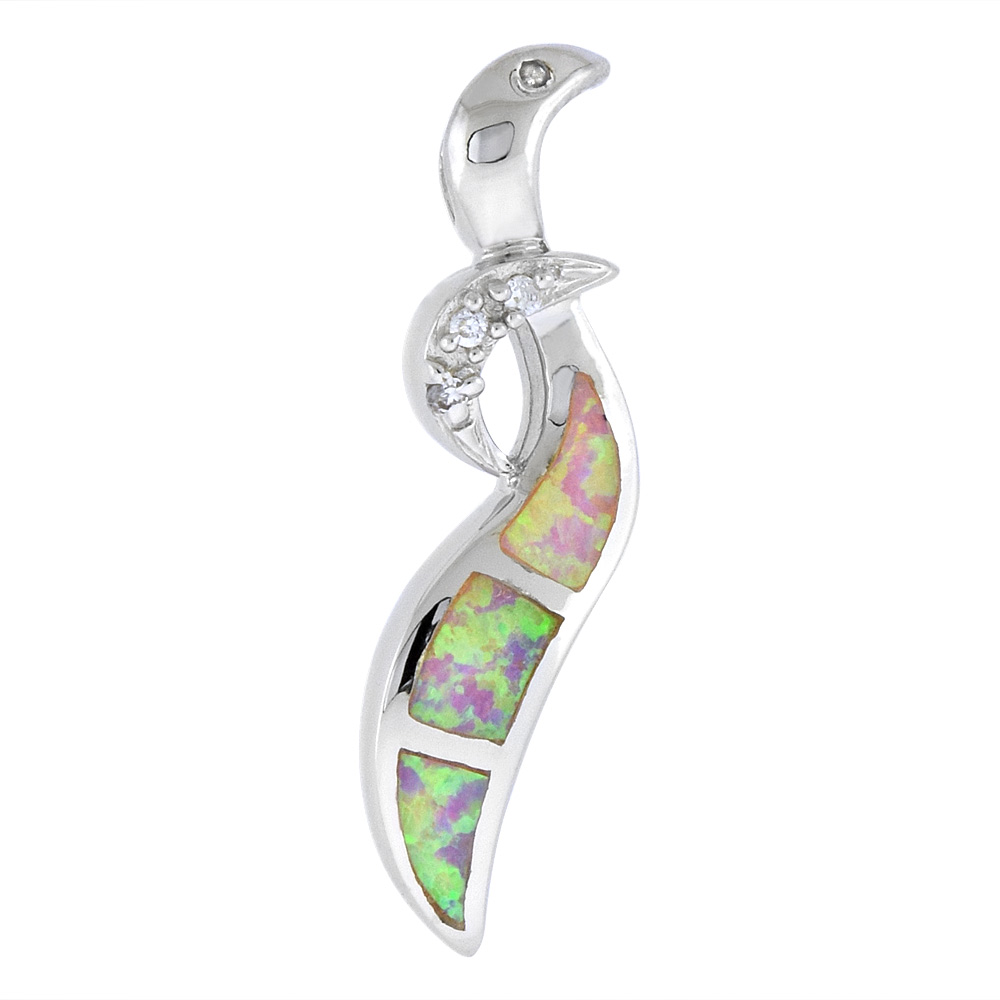 STERLING SILVER SYNTHETIC PINK OPAL STICK PENDANT HAND INLAY CUBIC ZIRCONIA ACCENT 1 1//8 INCH TALL