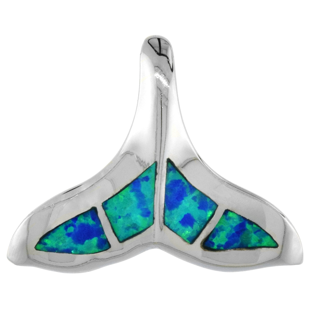 SMALL STERLING SILVER SYNTHETIC OPAL WHALE TAIL PENDANT FOR WOMEN HAND INLAY 7/8 INCH WIDE