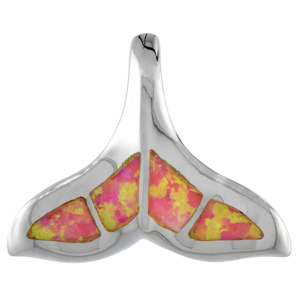 SMALL STERLING SILVER SYNTHETIC PINK OPAL WHALE TAIL PENDANT FOR WOMEN HAND INLAY 7/8 INCH WIDE