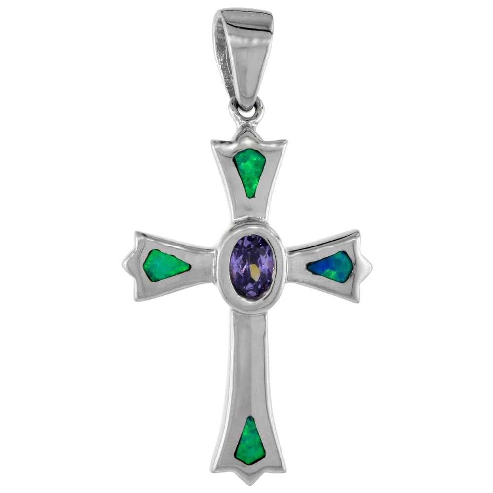 Sterling Silver Lab Opal Fleury Cross Necklace in Blue & Pink Oval Amethyst CZ 1 1/8 inch available with or without Chain