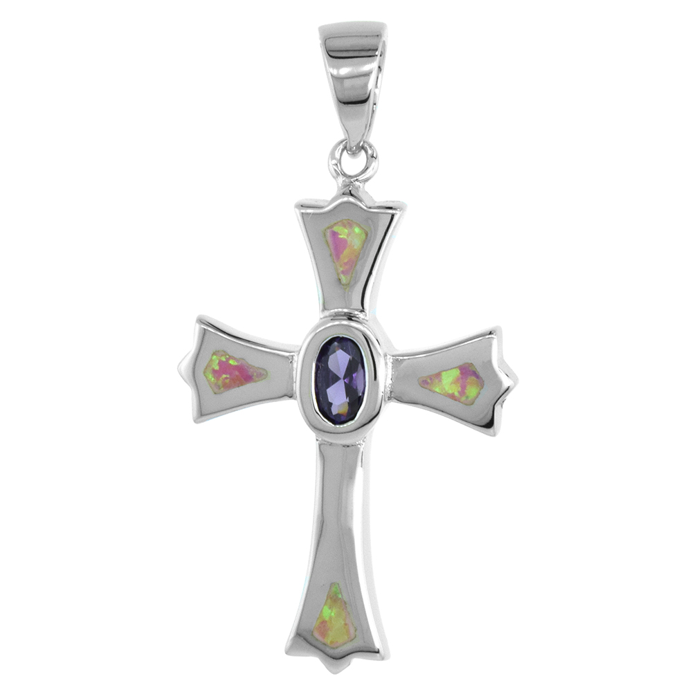 STERLING SILVER SYNTHETIC PINK OPAL FLEURY CROSS PENDANT AMETHYST CZ HAND INLAY OVAL CENTER 1 1/8 INCH