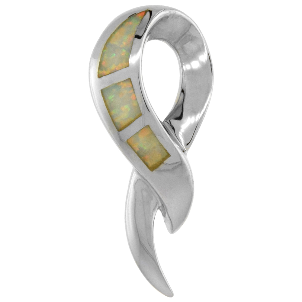 Sterling Silver Synthetic Opal Ribbon Necklace for Women Hand Inlay 1 inch ROPH_25