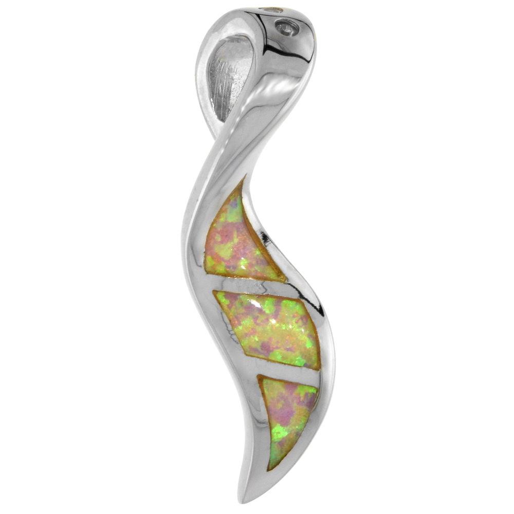 STERLING SILVER SYNTHETIC PINK OPAL LEAF PENDANT FOR WOMEN HAND INLAY 1 1/8 INCH TALL