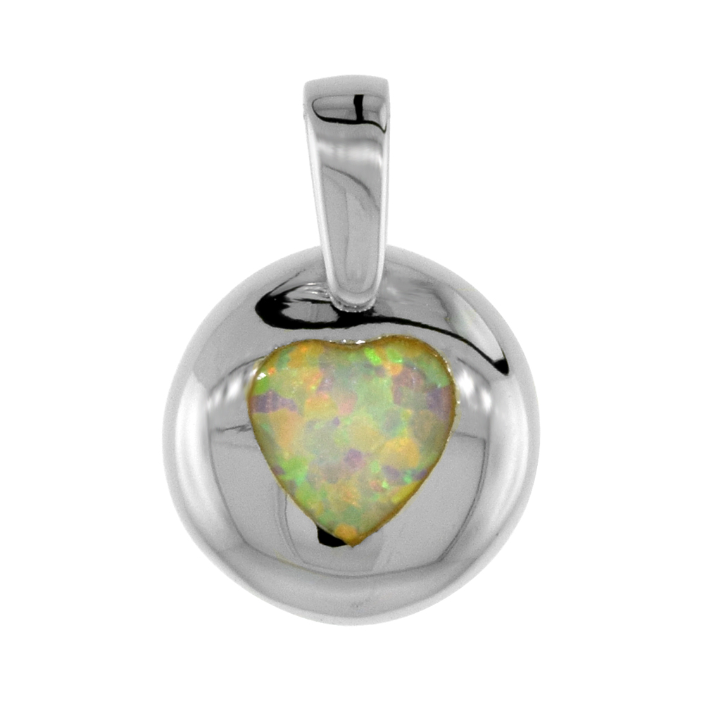 STERLING SILVER SYNTHETIC OPAL HEART PENDANT FOR WOMEN HAND INLAY 1/2 INCH DIAMETER