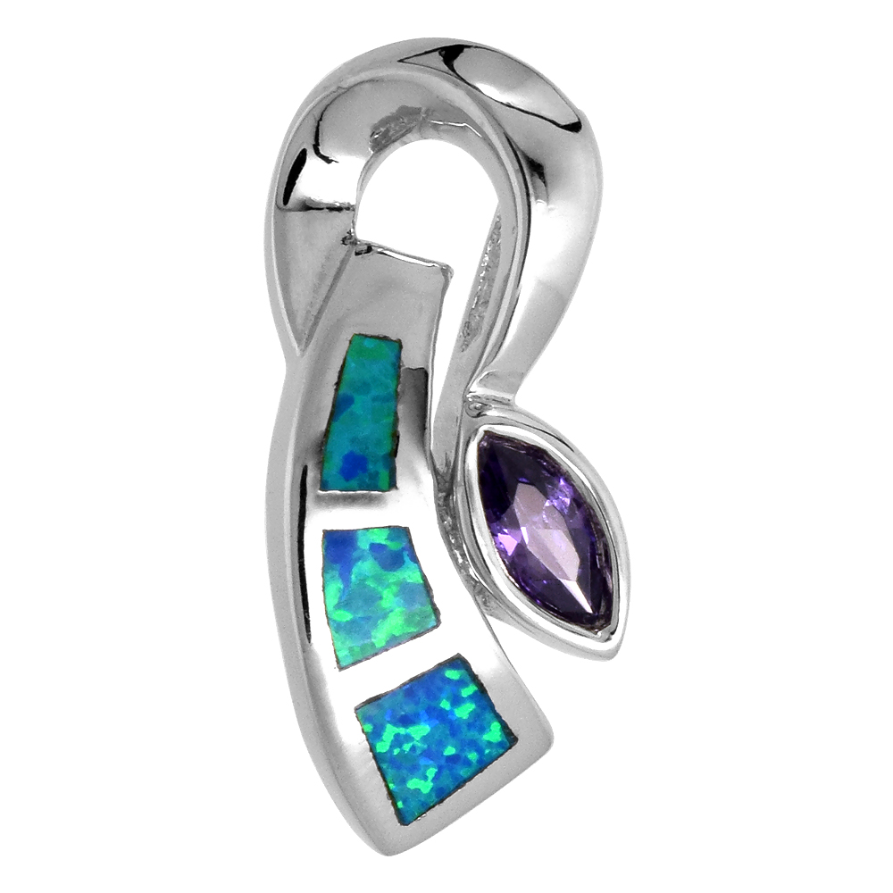 STERLING SILVER SYNTHETIC OPAL PENDANT FOR WOMEN HAND INLAY AMETHYST CZ CENTER 7/8 INCH TALL