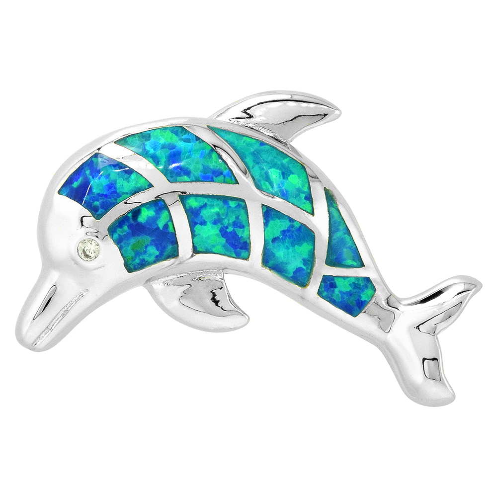 STERLING SILVER SYNTHETIC OPAL DOLPHIN PENDANT FOR WOMEN HAND INLAY & CZ STONES 1 INCH WIDE