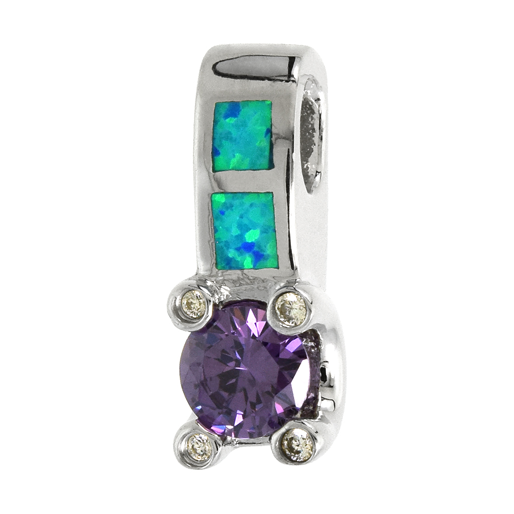 Sterling Silver Synthetic Opal Drop Pendant for Women Hand Inlay Amethyst CZ 7 mm Center 3/4 inch tall