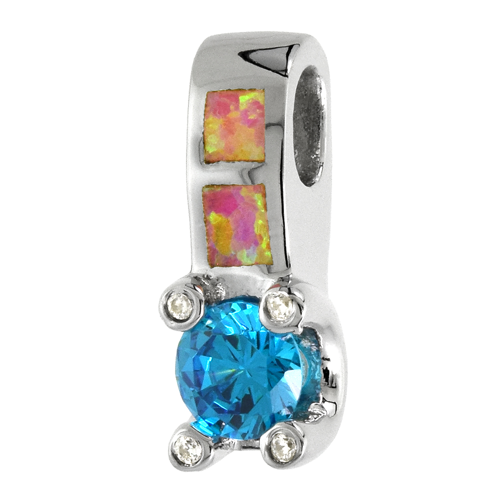 STERLING SILVER SYNTHETIC PINK OPAL DROP BLUE TOPAZ CZ PENDANT FOR WOMEN HAND INLAY 7MM CENTER 3/4 INCH TALL