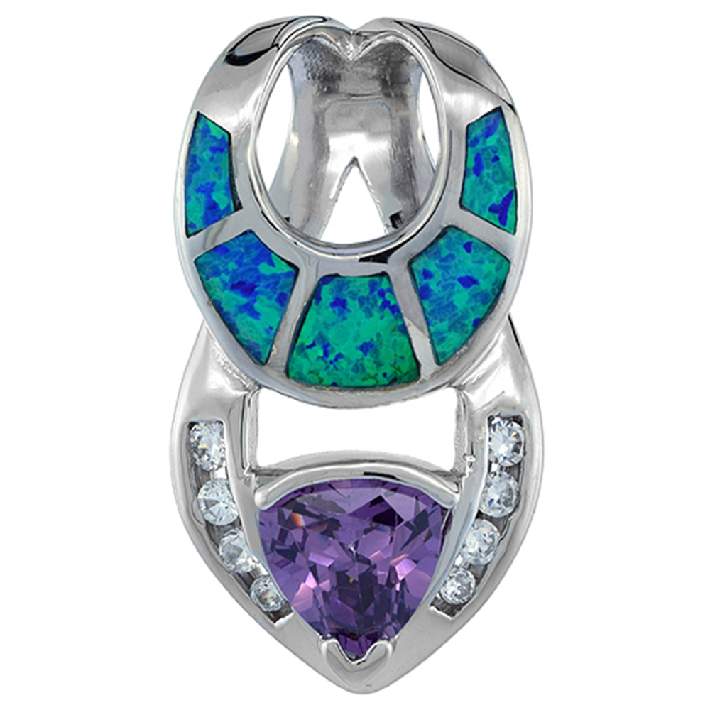 STERLING SILVER SYNTHETIC OPAL HORSESHOE SLIDE PENDANT FOR WOMEN HAND INLAY 7MM AMETHYST CZ 1 INCH TALL
