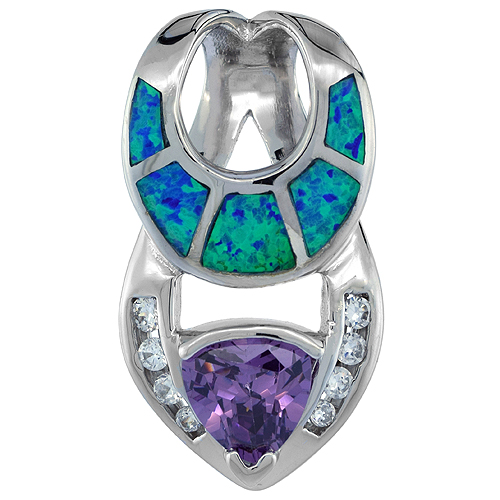 Sterling Silver Synthetic Opal Horseshoe Slide Pendant for Women Hand Inlay 7mm Amethyst CZ 1 inch tall
