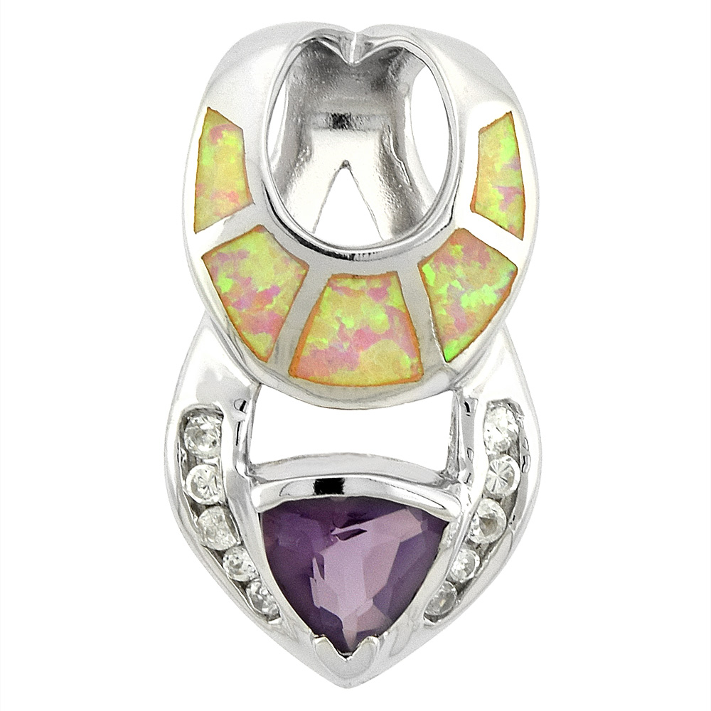 STERLING SILVER SYNTHETIC PINK OPAL HORSESHOE SLIDE PENDANT FOR WOMEN AMETHYST CZ HAND INLAY 7MM CENTER 1 INCH TALL