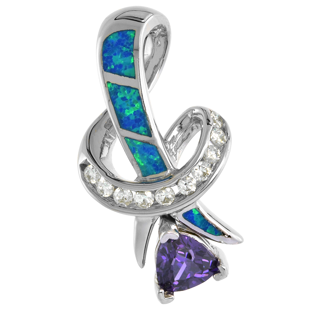 STERLING SILVER SYNTHETIC OPAL PENDANT FOR WOMEN HAND INLAY AMETHYST CZ 8 MM TRILLIUM 1 3/16 INCH TALL