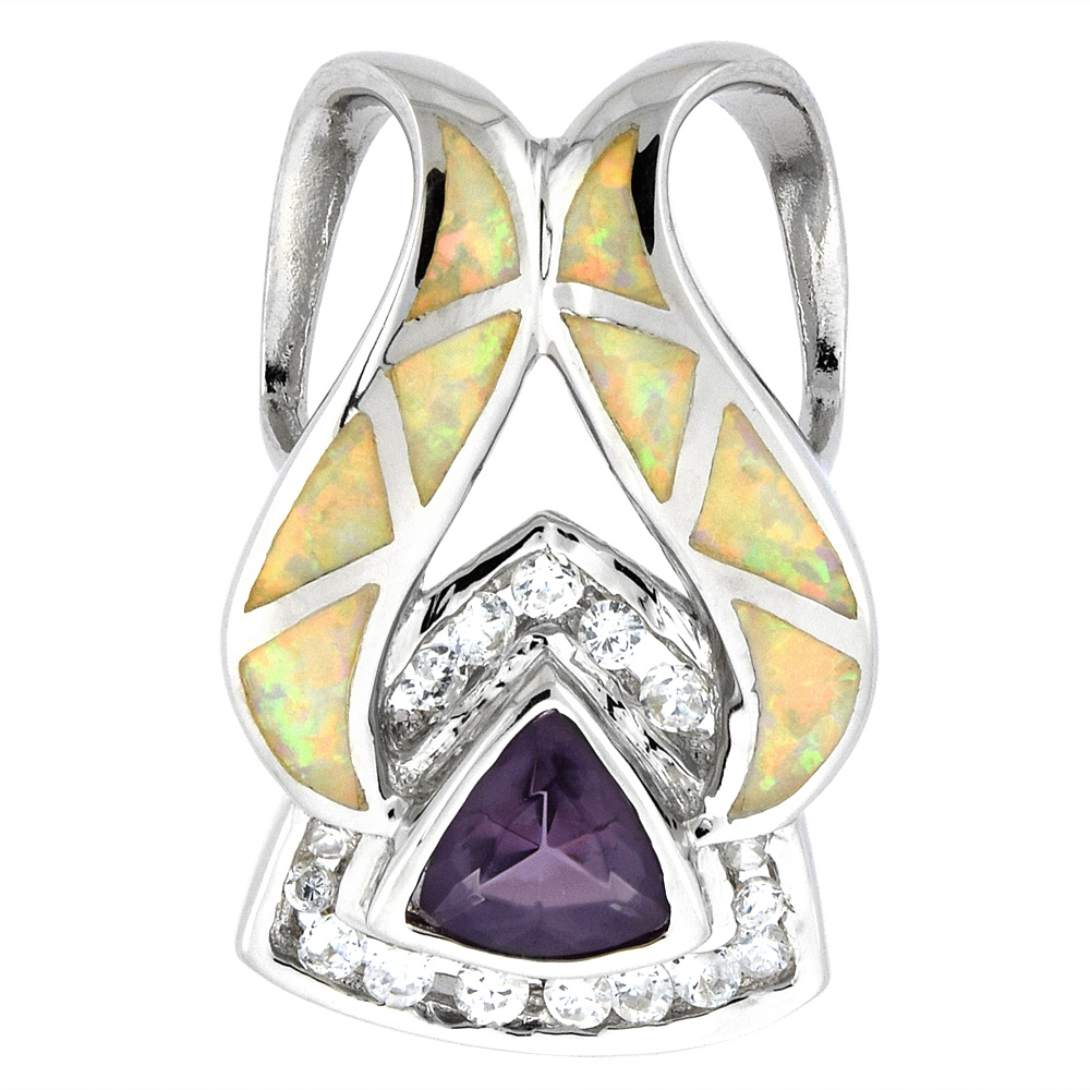 STERLING SILVER SYNTHETIC OPAL PENDANT FOR WOMEN HAND INLAY AMETHYST CZ 8 MM TRILLIUM 1 1/8 INCH TALL