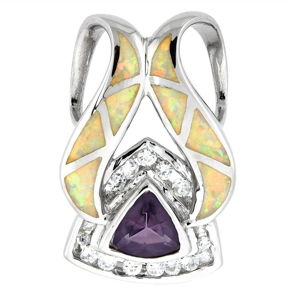 Sterling Silver Synthetic Opal Pendant for Women Hand Inlay Amethyst CZ 8 mm Trillium 1 1/8 inch tall
