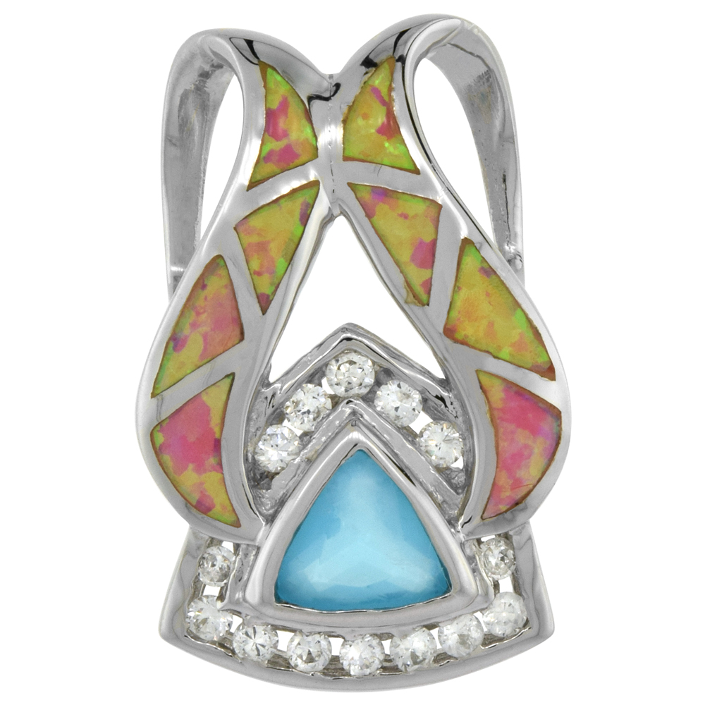 STERLING SILVER SYNTHETIC PINK OPAL BLUE TOPAZ CZ PENDANT HAND INLAY 8 MM TRILLION CUT 1 1/8 INCH TALL